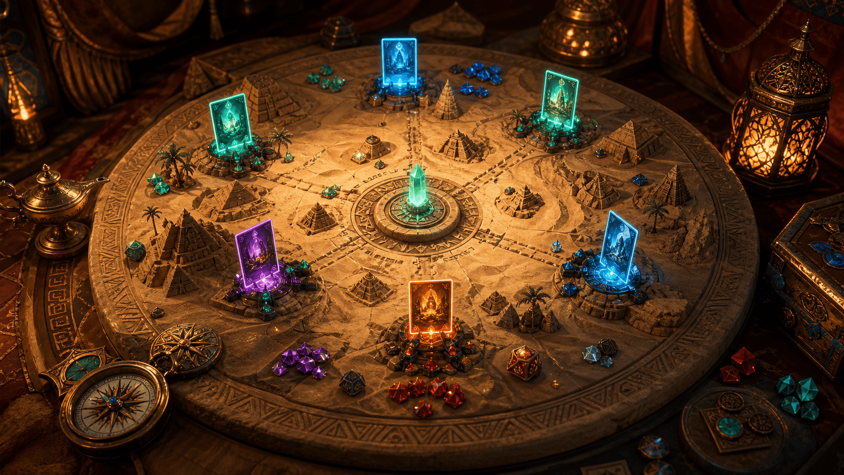 Tavolo desertico con carte luminose usato come metafora della valutazione dei giochi